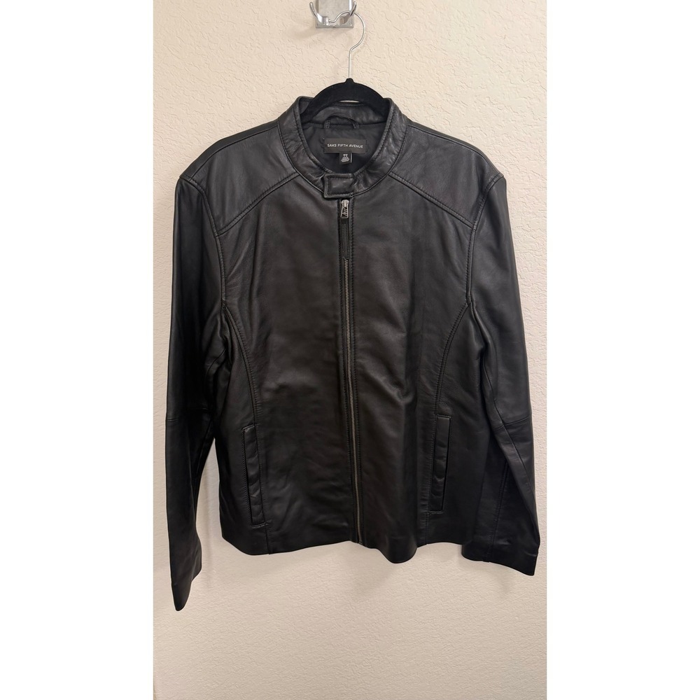 Saks Fifth Avenue Mens Black Leather Cafe Racer Jacket Band Collar Size Large